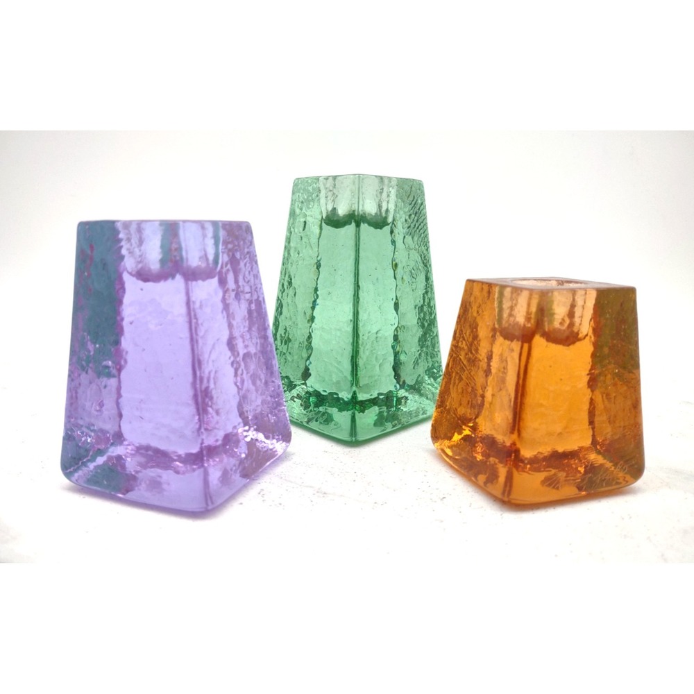 3 Fire and Light Recycled Art Glass Candleholders Colorful Lucid Signed